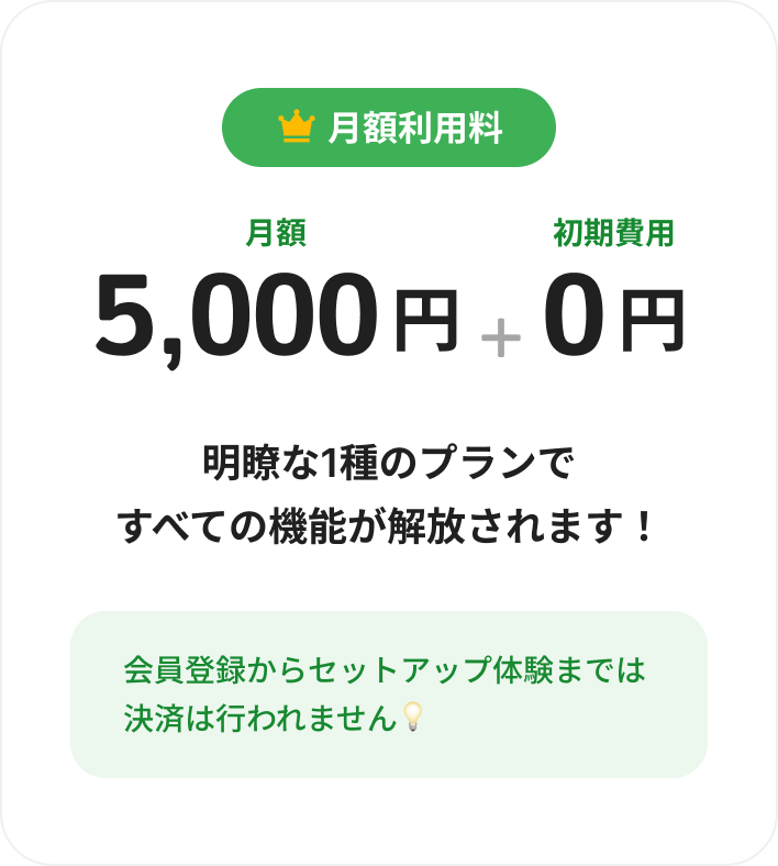 月額利用料：月額5,000円＋初期費用0円。明瞭な1種のプランですべての機能が解放されます！会員登録からセットアップ体験までは決済は行われません。